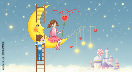 Dreamy Love Story: Kids on Moon with Hearts, Fantasy Castle, Romantic Night Sky for Valentine's Day