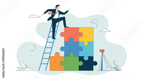 A businessman in a suit climbs a ladder to reach the top of a puzzle, symbolizing success and problem-solving.