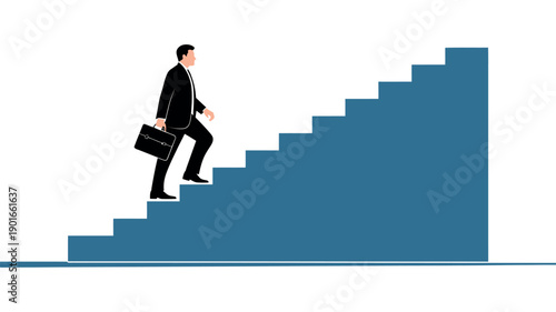A determined businessman climbing a steep staircase, symbolizing career advancement and professional growth.