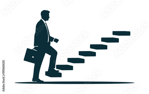 A determined businessman climbing a staircase to success with a briefcase in hand