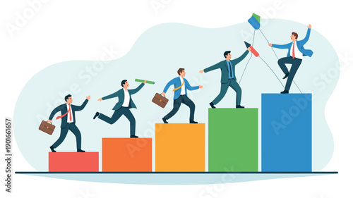 A group of businessmen in suits are climbing up colorful blocks, symbolizing career growth and success in a competitive corporate environment.
