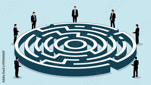 A group of businessmen standing around a large circular maze with a solution path