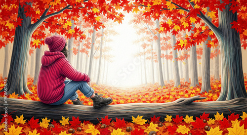 Autumn Serenity: Woman Contemplating Nature's Beauty, Perfect for Seasonal Marketing, Wellness Blogs, and Lifestyle Content