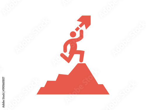 A person running up a mountain with an arrow pointing upwards, symbolizing success and achievement.