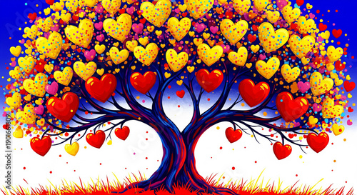 Growing Love Tree with Vibrant Hearts for Valentine's Day Romance Family Connection and Marketing Design