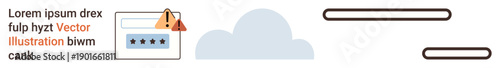 Cybersecurity, data protection, online threats, password management, cloud computing, digital security. Login form with a warning icon and cloud. Cybersecurity and data protection concept