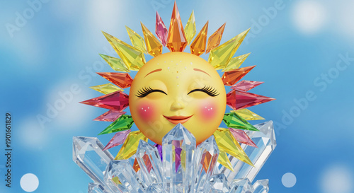 Smiling Sun Mascot with Rainbow Crystal Rays for Positive Marketing, Business Growth, and Summer Wellness