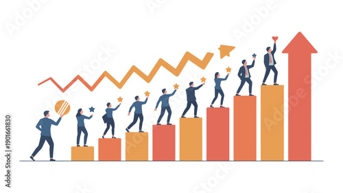 A group of businesspeople celebrating success on a rising bar graph with an upward trend