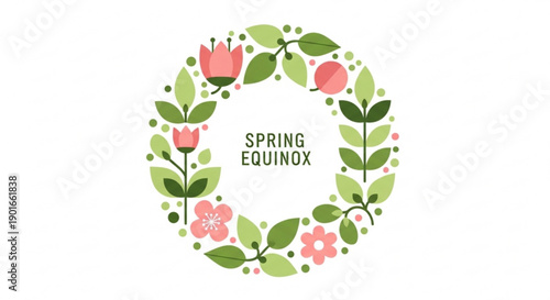 Spring equinox wreath with pink flowers and green leaves on white background
