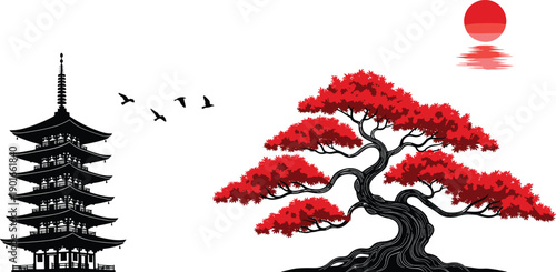 Traditional Japanese landscape illustration with pagoda temple, red sun, flying birds and ancient bonsai tree for cultural, oriental, zen and artistic design