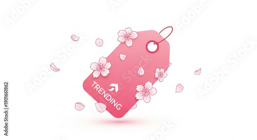 Pink trending tag with cherry blossoms and petals floating around