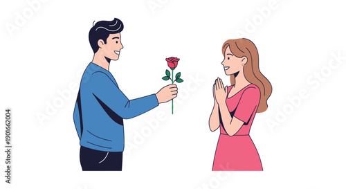 Man giving red rose to smiling woman in illustration