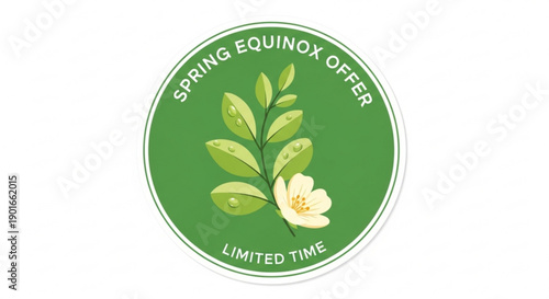 Green spring equinox offer badge with white flower and leaves on limited time promotion
