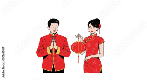 Couple in traditional Chinese attire celebrating a festive occasion together, holding cultural symbols, vector illustration