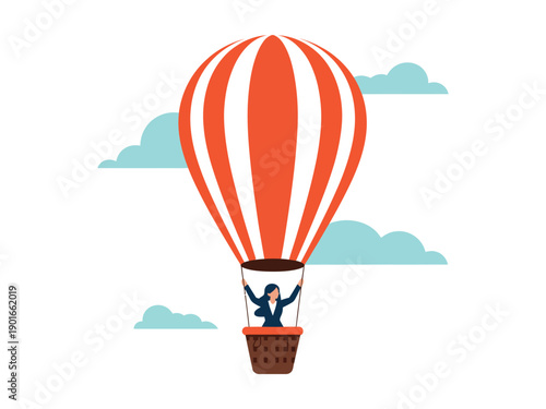 A joyful woman soaring through the sky in a vibrant orange hot air balloon with her arms outstretched