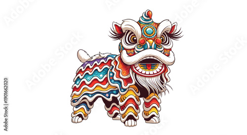 Vibrant Lion Dance Performance Illustration Featuring Colorful Patterns and Traditional Costume Details from a Front View