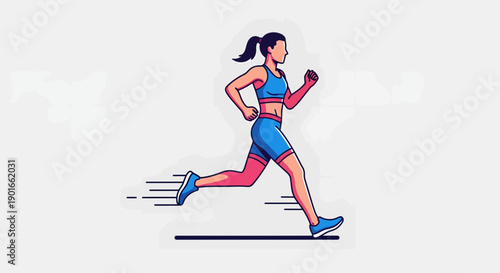 A young woman in sportswear running with determination and energy from a side viewpoint