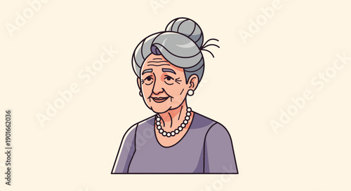 Illustration of an elderly woman with gray hair styled in a bun wearing a purple top and beaded necklace