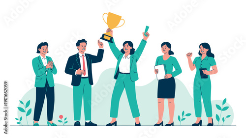 A group of businesspeople celebrating success with a trophy and smiling