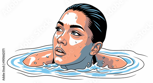 Illustration of a woman partially submerged in water, viewed from above, highlighting her serene expression and the surrounding ripples