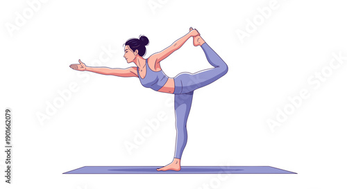 Woman practicing yoga in a serene environment, standing on one leg with arms outstretched, illustration of a yoga pose