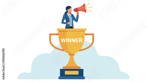 A triumphant businessman standing on a large trophy cup, holding a megaphone and celebrating victory.