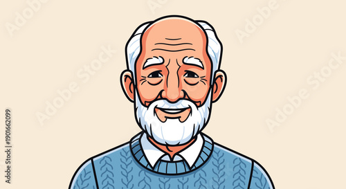 Illustration of an elderly man with a beard smiling, wearing a blue sweater and tie, depicted from the chest up