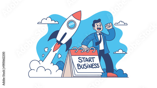 A cheerful businessman in a blue suit stands next to a calendar with 'Start Business' written on it, celebrating the launch of his new venture with a rocket blasting off into the sky.