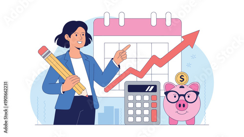 A smiling woman in business attire pointing at a calendar with a growing graph, surrounded by a calculator, piggy bank, and pencil, symbolizing financial planning and growth.