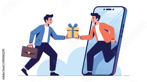 A businessman handing a gift to another man stepping out of a smartphone screen