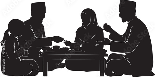 Muslim family enjoying iftar meal together during Ramadan on White background,Family iftar together vector icon black silhouette white background ,black,pro