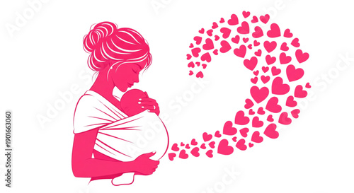 Loving Mother Embracing Baby with Hearts. Maternal Bond, Family Care, Parenthood Joy. Mother's Day Vector Graphic.