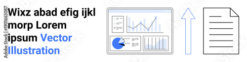 Analytical dashboard featuring charts and graphs, arrow indicating upward action, and a document icon. Ideal for data analysis, report generation, business progress, workflow automation, digital