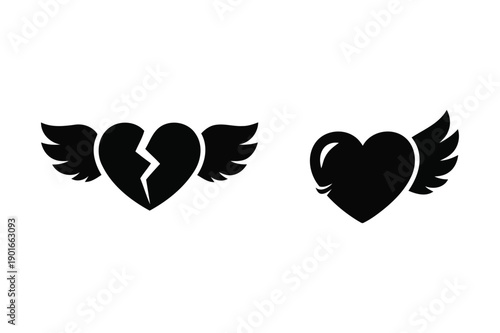 Black silhouette of heart with wings and broken heart with wings vector illustration