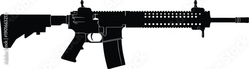 Black silhouette of a modern assault rifle with tactical design details, isolated on white background, representing military equipment, defense technology, security, and weapon concept illustration