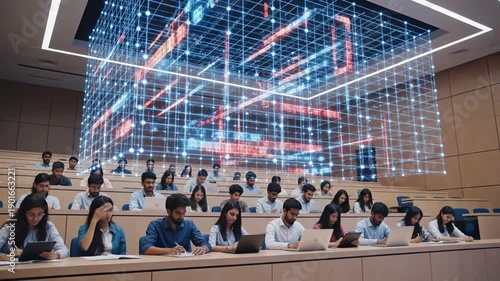 Wallpaper Mural Diverse group of students attentively observes a futuristic holographic data cube projection during a lecture in a modern university auditorium setting Torontodigital.ca