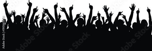 Cheering crowd silhouettes with raised hands isolated on white background, excited audience celebrating music festival, concert, success, victory, unity