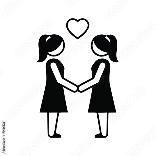 Two girls holding hands with a heart above them on vector illustration