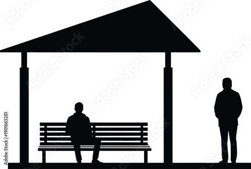 Black silhouette of people waiting at a bus stop station with a bench and shelter roof for public transportation and urban commuting.