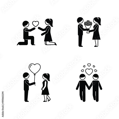 Black and white illustrations of couples in love on vector illustration