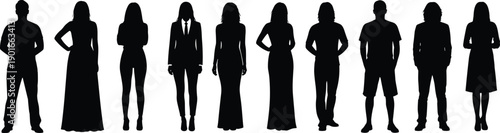 Collection of black silhouettes of men and women standing in different outfits and body types, isolated on white background, representing people diversity, fashion, lifestyle, and society