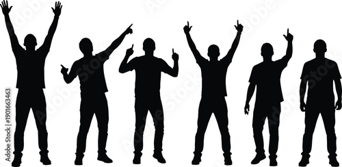 Collection of celebrating men silhouettes isolated on white background, raised hands and pointing gestures expressing success, victory, excitement, motivation, teamwork