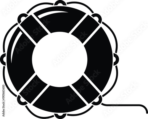 Classic black lifebuoy silhouette with rope and safety straps for maritime rescue and emergency survival equipment isolated on a white background.