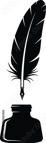 Classic black and white quill pen illustration with inkwell and fountain nib, professional vector graphic for literature, poetry, and historical writing.