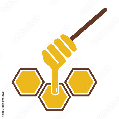 Honey dipper dripping honey onto a honeycomb cell graphic icon