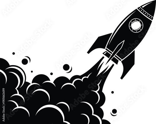 Detailed black silhouette of a rocket ship launching with large smoke clouds representing space exploration and startup success isolated on white background.