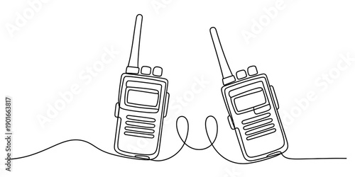 Single continuous line art drawing of two walkie-talkies connected by a flowing line, symbolizing communication Vector, illustration