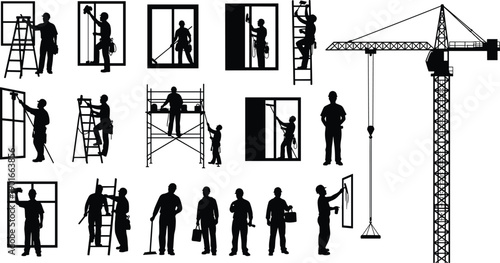 Construction worker silhouettes set showing building maintenance, window installation, ladder work and tower crane operations for industrial labor and safety concepts,