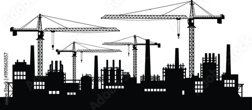 Industrial city silhouette with construction tower cranes and factory chimneys representing urban development and civil engineering projects isolated on white background.