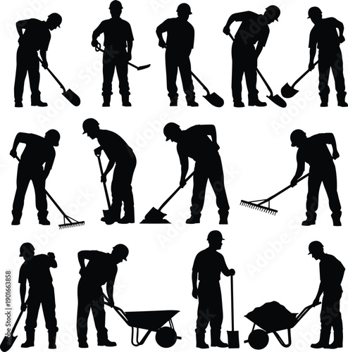 Construction worker silhouettes set showing digging, shoveling, raking and wheelbarrow labor activities for manual work, building site tasks and industrial workforce concepts